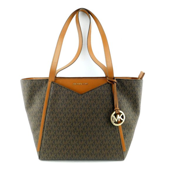 MICHAEL KORS Signature MK Logo Brown Shopper Tote Shoulder Bag - Picture 1 of 9
